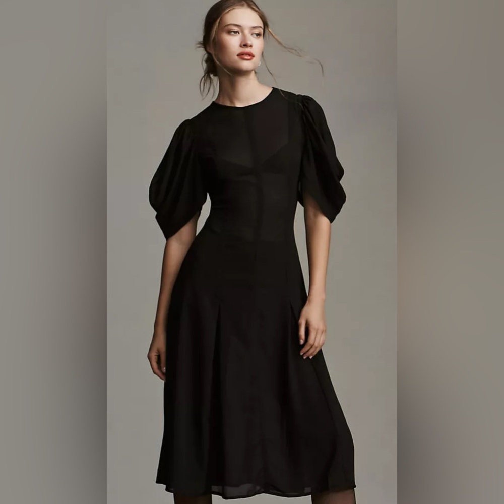 Anthropologie Black Midi Dress with Puff Sleeves - Picture 2 of 14